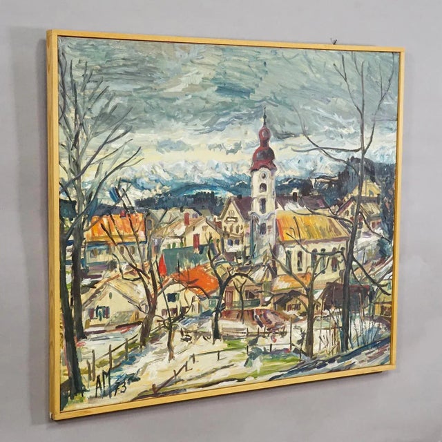 Vintage Oil Painting of a Bavarian Village, Alexander Michael 1973 A framed oil painting depicting the view to the...