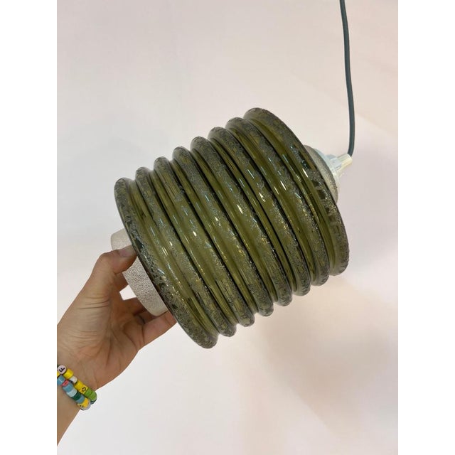 Olive and White Textured Glass Pendant Lamp For Sale - Image 3 of 11