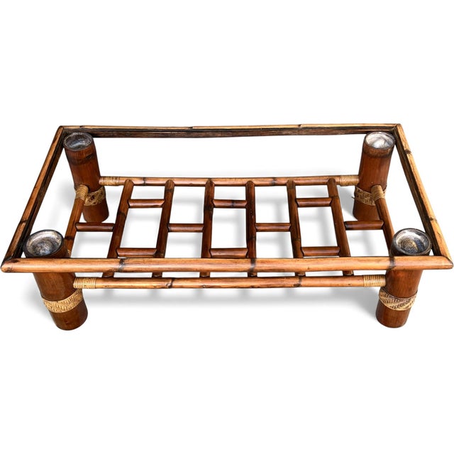 Wood Vintage Coastal Bamboo Coffee Table W/ Glass Top & Rattan Wrapped Details For Sale - Image 7 of 10