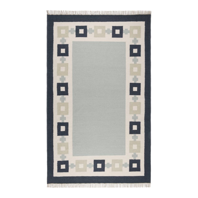 Part & Parcel Goods Wool Chain Rug 8' x 10', Sky Blue, Navy, Celadon and Eggshell For Sale
