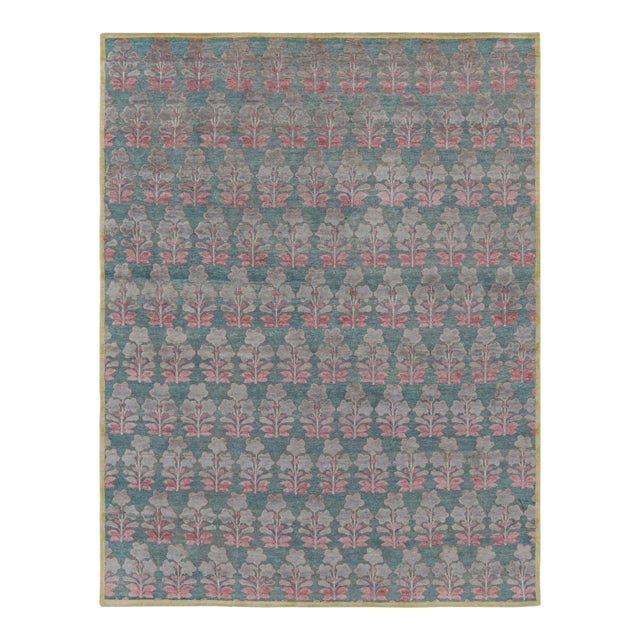 Rug & Kilim’s Block Print Rug Design with Pink and Green Floral Pattern - 7x9 For Sale
