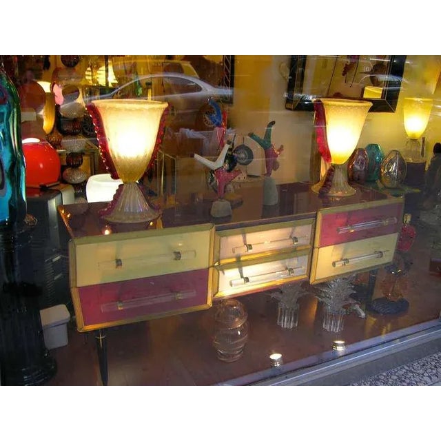 Barovier E Toso Grand Pearlized Murano Glass Lamps With Red Accents - a Pair For Sale - Image 10 of 11