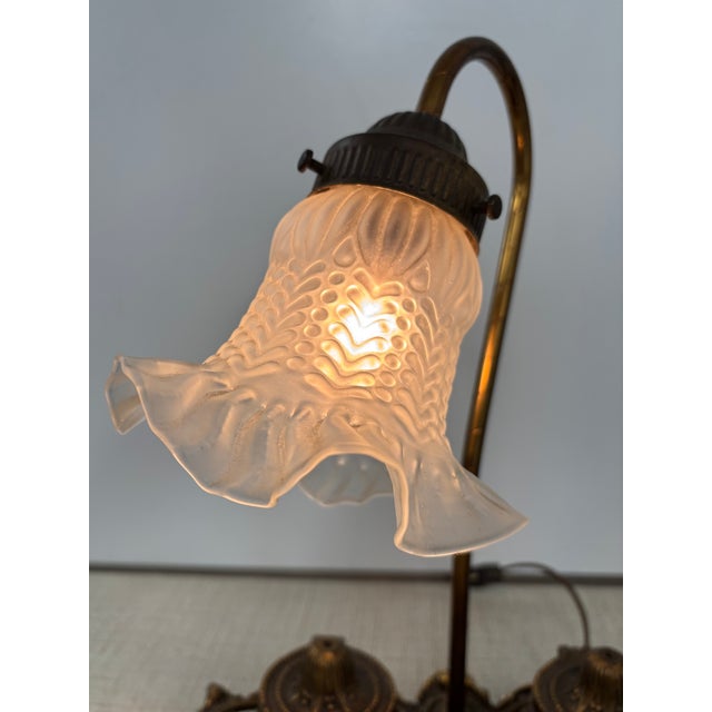 Antique Victorian Brass Gooseneck Two Inkwell Desk Lamp For Sale - Image 10 of 13