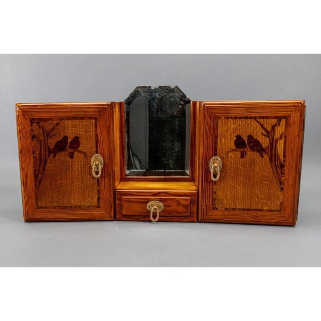French Art Deco Pine Wood Wall Cabinet with Bird Marquetry & Mirror, 1930s For Sale - Image 4 of 18