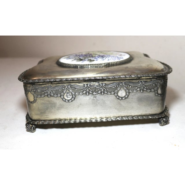 Quality Antique Ornate Silverplate Painted Porcelain Pairpoint MFG Jewelry Box For Sale - Image 10 of 12