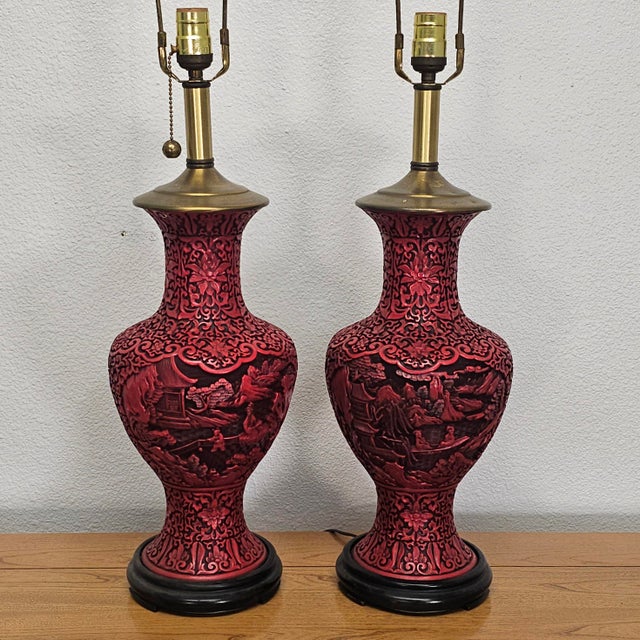 Mid 20th Century Mid-Century Chinese Hand-Carved Cinnabar Lacquer Table Lamps, Pair For Sale In San Francisco - Image 6 of 18