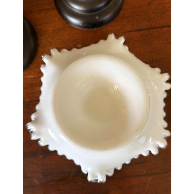 1960s Vintage Milk Glass With Clear Ruffle Edges Fruit Bowl Candy Dish Cottage MCM For Sale - Image 5 of 7