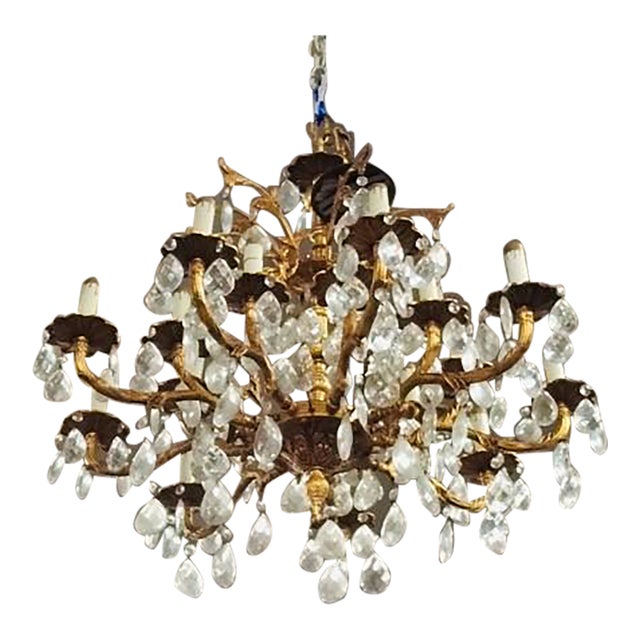Vintage French Style Gold Bronze & Crystal Chandelier — Two-Tiered, 9-Light For Sale