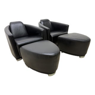 Enzo Luca Art Deco Revival Leather Lounge Chairs and Footrests, 1990s - A Pair For Sale