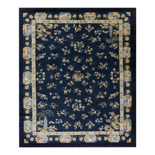 1920s Navy Blue Floral Shou Deco Antique Chinese Peking Knotted Rug 8'2" X 9'10" For Sale