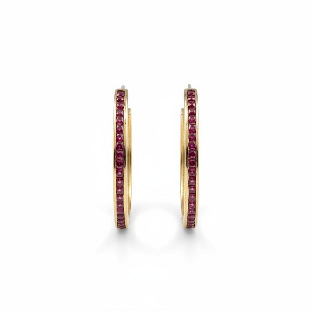 Metal 14k Yellow Gold 2 Inch Long Half Hoop Ruby Earrings 1.86 Carats, A Pair For Sale - Image 7 of 9