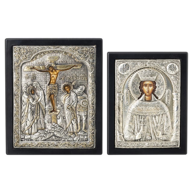 Orthodox Icons with Silver Plating, 1900s, Set of 2 For Sale - Image 6 of 6