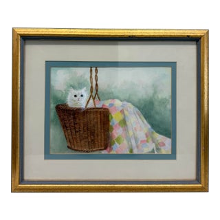 1980s Watercolor Painting of a White Cat in a Basket, "Hide and Seek" Signed by Nedra Wood For Sale
