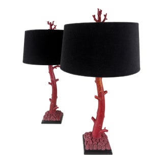 1990s Tanner Kenzie for Arteriors Coral Red Resin Table Lamps With Original Black Velvet Shades - a Pair For Sale