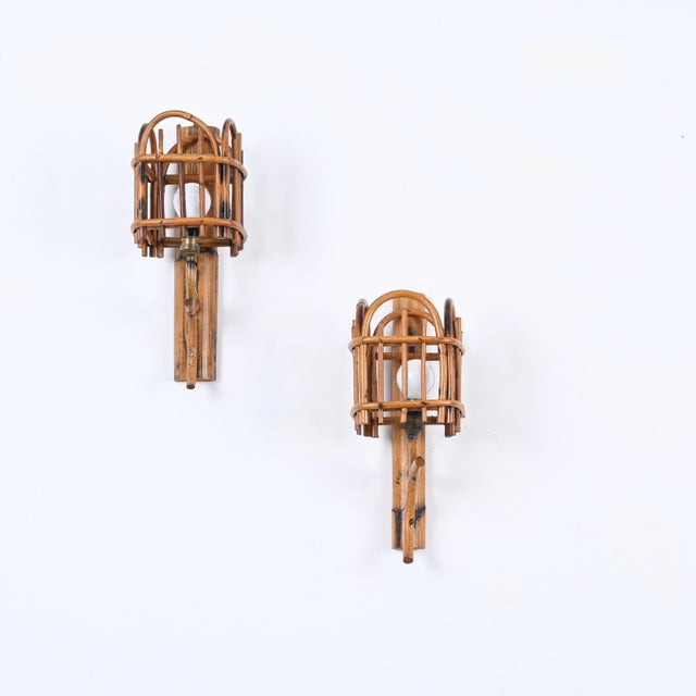 Mid-Century Modern Mid-Century Rattan Lantern Sconces by Louis Sognot, 1960s, Set of 2 For Sale - Image 3 of 13