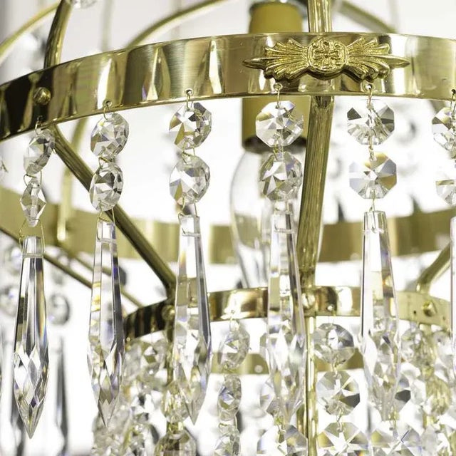 Traditional Empire Polished Brass 8 Arm Chandelier With Crystal Basket Bottom For Sale - Image 3 of 7