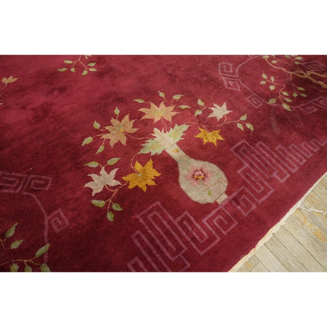 Art Deco 1920s Deep Red Field Floral Greek Key Antique Chinese Art Deco 8'10" X 11'6" Rug For Sale - Image 3 of 9