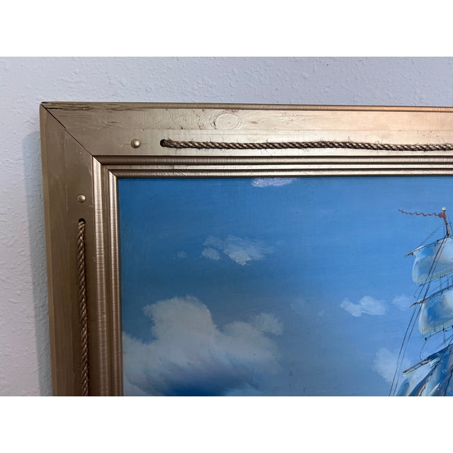 Nautical Original Oil Painting on Canvas Seascape, Sailing Ship, Signed Also, Gold Frame For Sale - Image 3 of 12