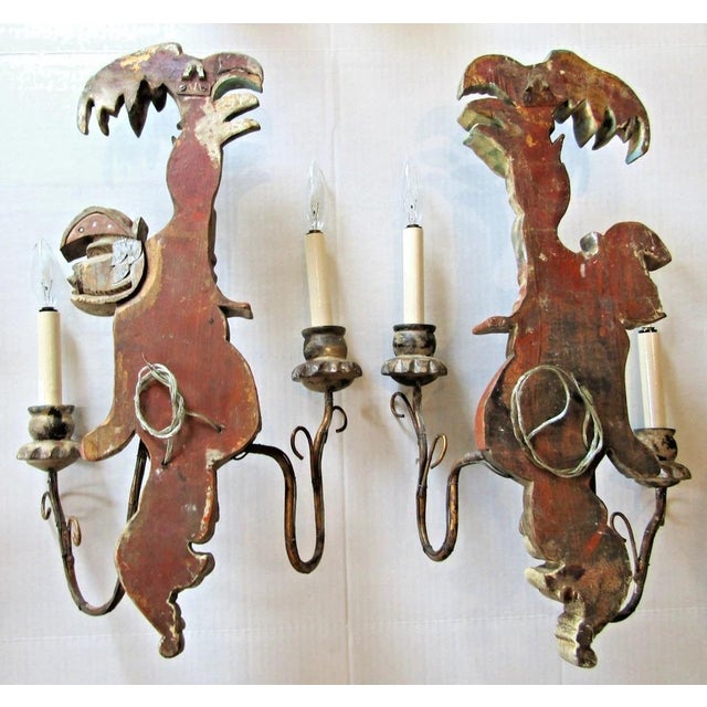 1920s Polychrome Hand Carved Wood and Iron Monkey Wall Sconces - a Pair For Sale - Image 17 of 17