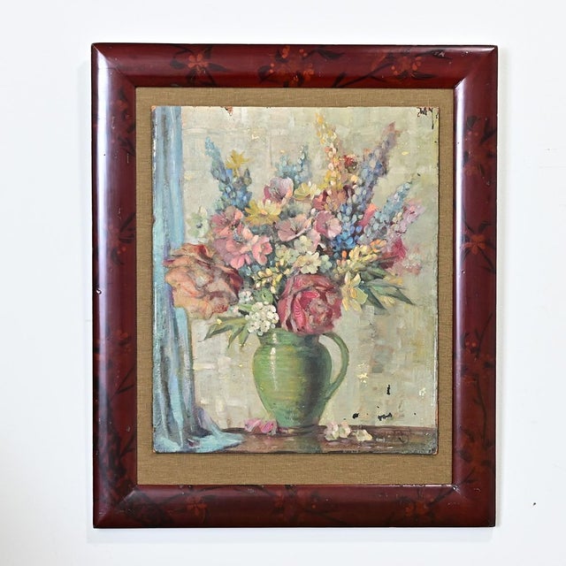 An early 20th century English oil-on-board still life painting in vintage frame of similar age and condition with...