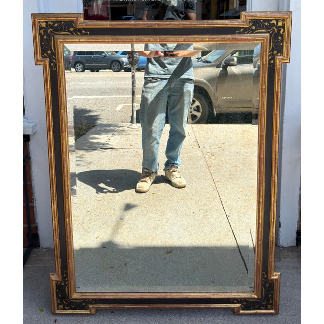Regency Style Jerry Solomon Black & Gold Chinoiserie Giltwood Mirror.