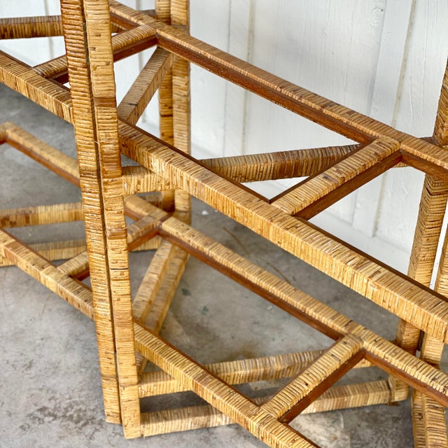Wood Vintage Coastal Rattan Wrapped Etagere For Sale - Image 7 of 10