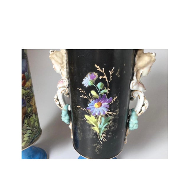 Beautiful Large 16 Inch Pair Antique French Porcelain Urns or Vases Eclectic Victoria Aesthetic Movement Naturalism Maidenhead Handles For Sale - Image 11 of 11