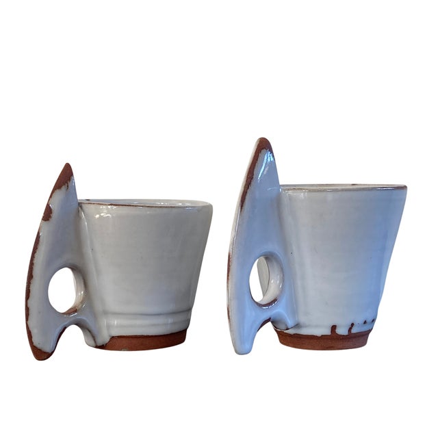 Contemporary Pair of Studio Pottery Thumbhole Espresso Cups in White Glaze For Sale - Image 3 of 5