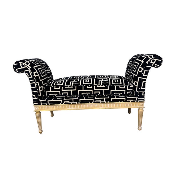 1940s Louis XVI Style Curved Arm Benches in a Geometric Black and White Fabric For Sale - Image 10 of 10