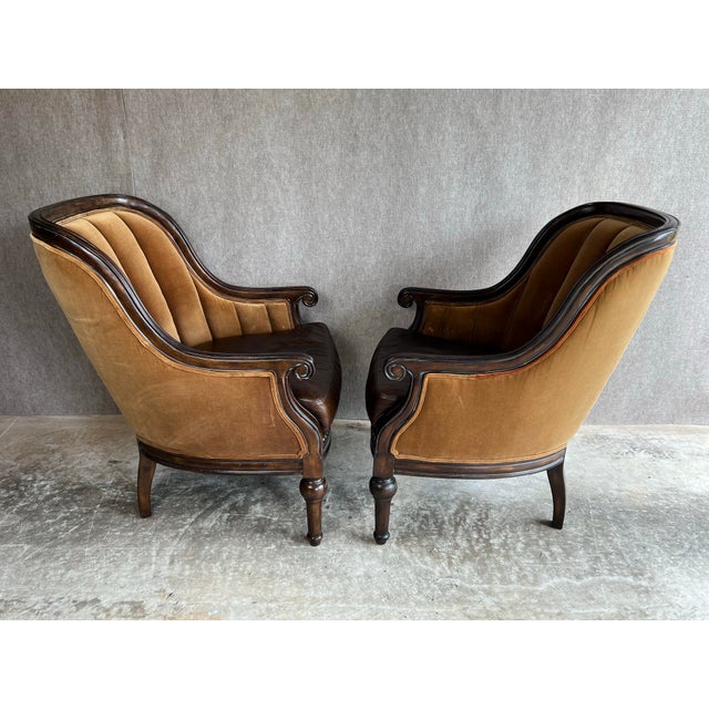 English Late 20th Century Fabulous Pair of Leather and Velvet Channel Back Library Club Chairs For Sale - Image 3 of 12