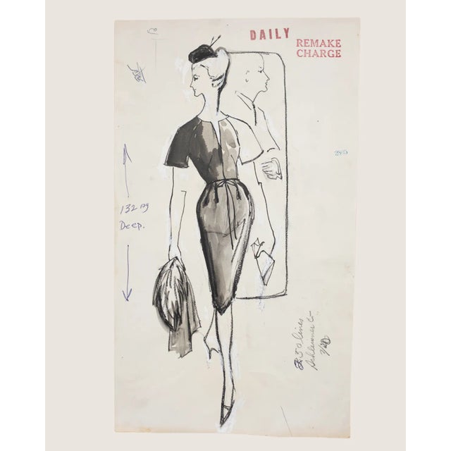 Mid-Century Modern 1960 Mid-Century Fashion Advertising Sketch — Original Graphite & Ink Illustration For Sale - Image 3 of 7