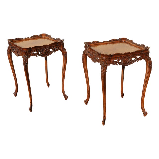 Pair of Louis XV Style Marquetry Side Tables/End Tables | French Rococo Revival Carved Wood For Sale