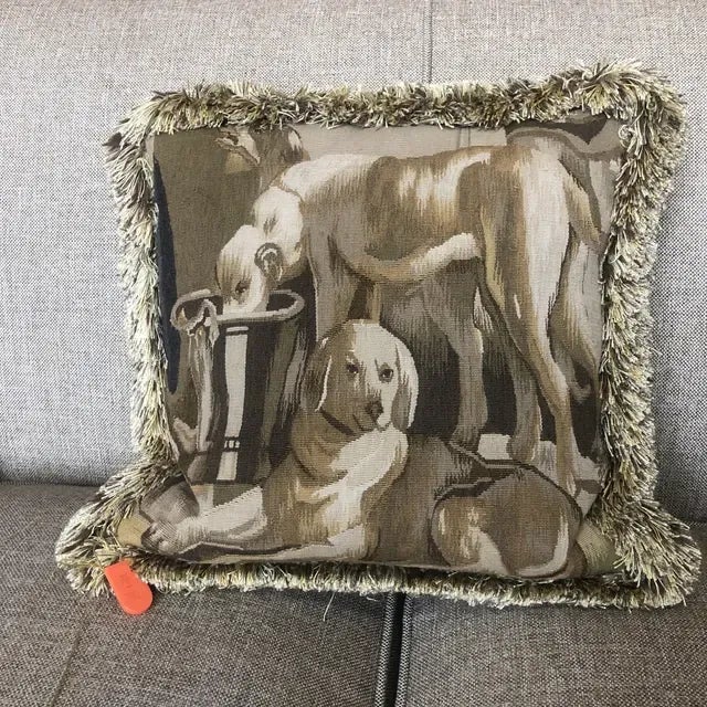 Textile Vintage Tapestry Pillow With Dogs at Rest (Left-Facing) For Sale - Image 7 of 11