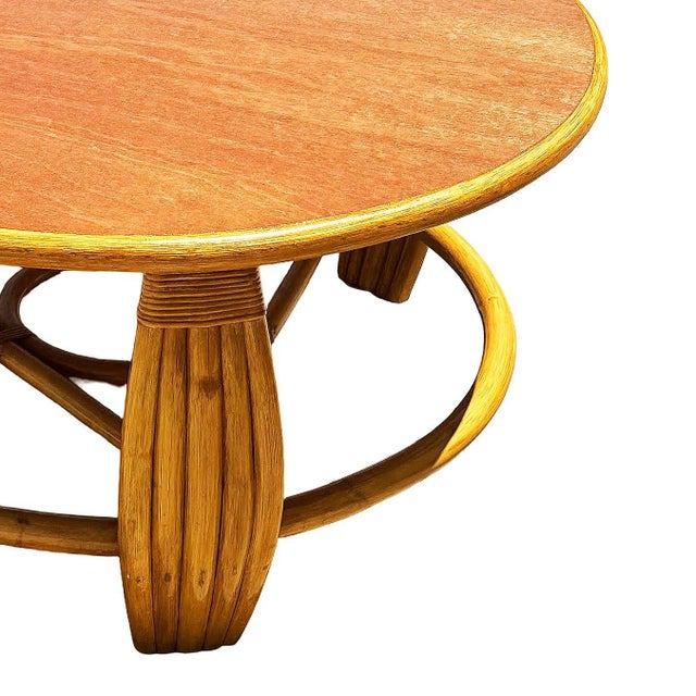 1950s 1950s Restored Mid-Century Five-Pole Rattan & Mahogany Coffee Table W/ Tri-Corner Base For Sale - Image 5 of 10