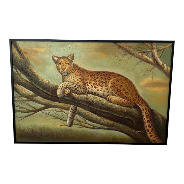 20th Century Original Oil on Canvas of a Leopard by E. Max For Sale
