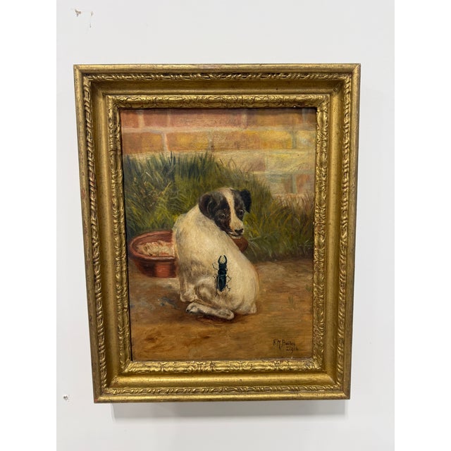 F. M. Bailey, Whimsical Dog Portrait With Beetle, 1906 This charming early 20th-century animal painting presents a small...
