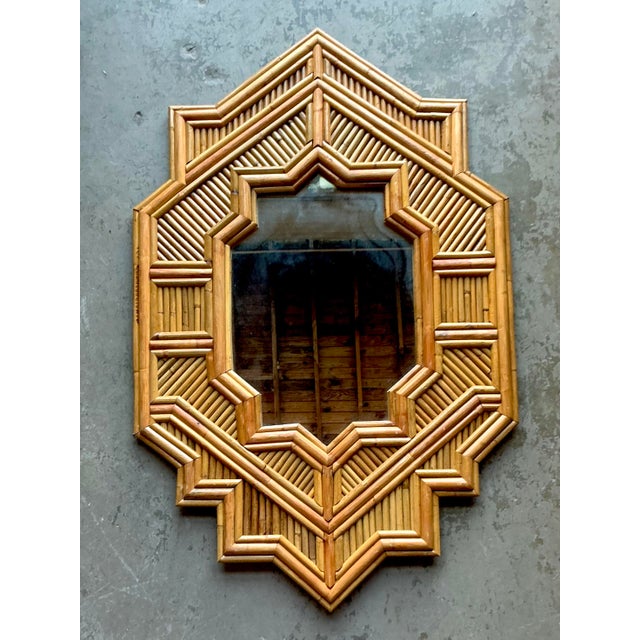 Vintage Boho Faceted Rattan Mirror For Sale In West Palm - Image 6 of 12