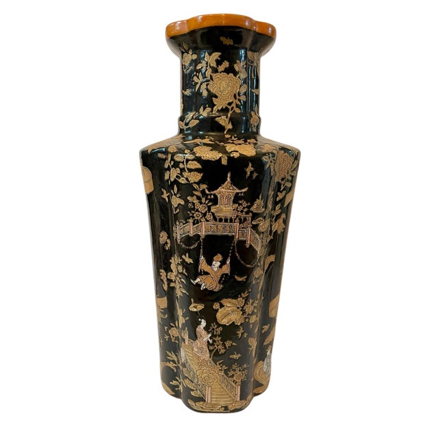 The product is a vintage (20th Century ) large 18 3/4" Chinese Asian black and gold porcelain vase with a floral design....