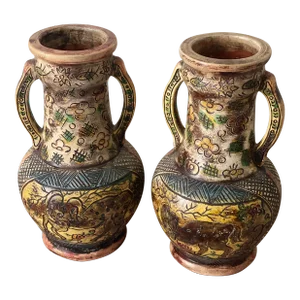 Vintage Japanese Majolica Persian Style Pottery Double Handled Vases- Set of 2