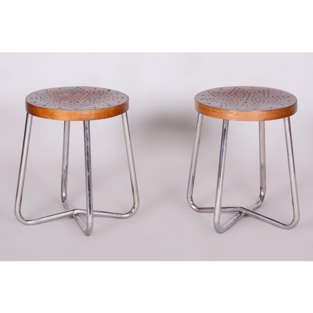Brown Bauhaus Stools in Chromed Steel, Beech and Plywood, Germany, 1930s, Set of 2 For Sale - Image 8 of 12