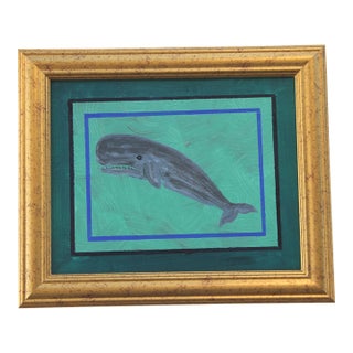 Whale Nautical Coastal Folk Art Blue Gray Original Oil Painting by Cleo Plowden For Sale