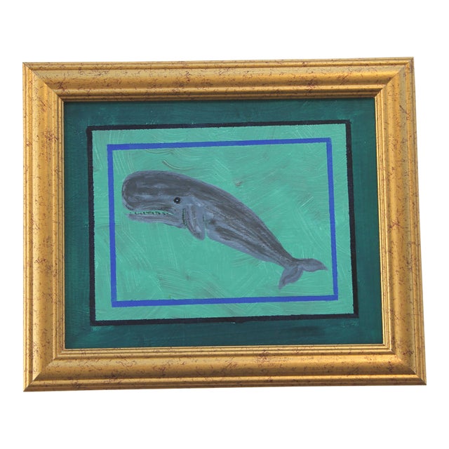 Whale Nautical Coastal Folk Art Blue Gray Original Oil Painting by Cleo Plowden For Sale