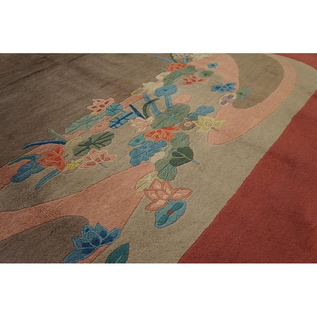1920s 1920s Taupe Background Iconic Floral Design Antique Chinese Art Deco Wool Rug For Sale - Image 5 of 5