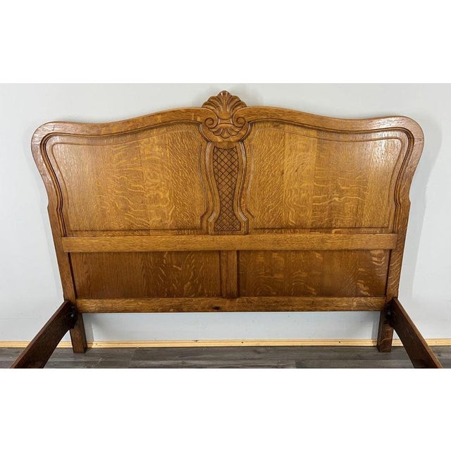 Vintage French Louis XVI Oak Double Bed Frame with Carved Headboard For Sale - Image 6 of 11