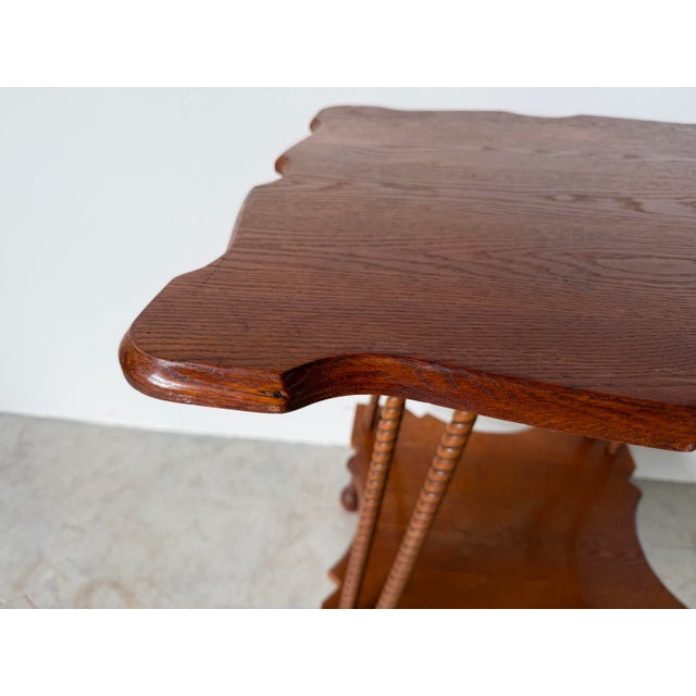 Wood Antique Arts & Crafts Style Two-Tier Oak Accent Table With Scalloped Top Barley Twist Legs and Ball Feet For Sale - Image 7 of 12