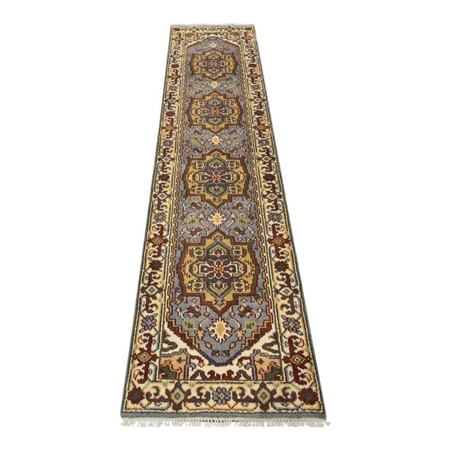 Heriz Runner 2’6” X 9’9” Blue Wool Tribal Hand-Knotted Oriental Carpet For Sale