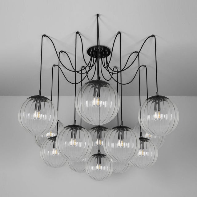 Metal Schwung Globe Chandelier, 13-Light, Spider Web Form, Brass — Lbb, Black Gunmetal, Polished Nickel For Sale - Image 7 of 12