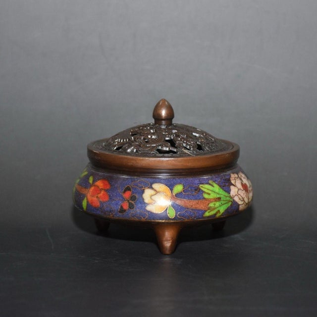 Vintage Cloisonné Enamel Incense Burner With Floral Motif - Asian Censer For Sale - Image 4 of 9