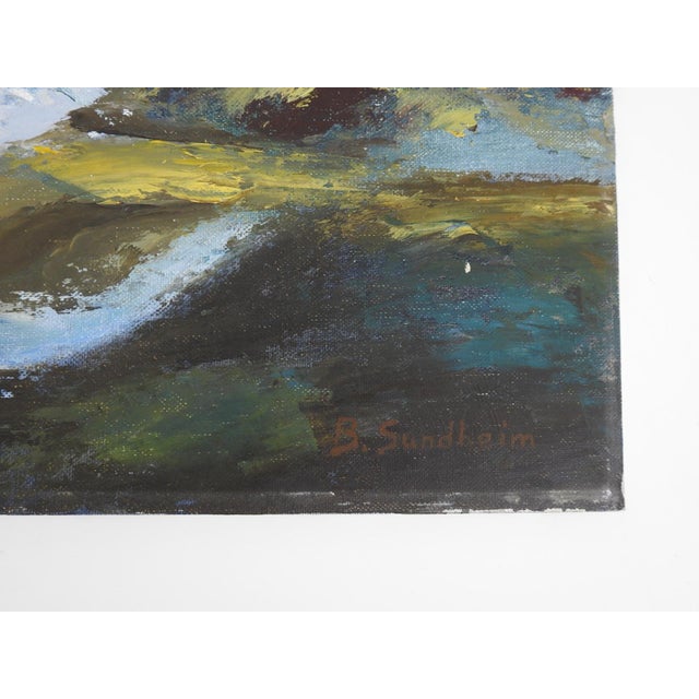 Mid 20th century oil on canvasboard impressionist rocky coastal seascape painting. Signed B. Sundheim lower right corner....