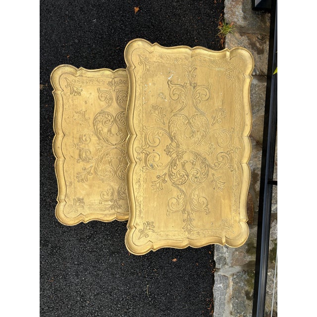 Vintage Italian Gilt Painted Wood Nesting Tables With Etched Floral Tops, Set of 2 | Made in Italy For Sale - Image 4 of 15